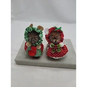 2 Vintage Christmas Mouse Girl Stuffed Fabric Thistle Face Ornaments 5" Handmade
